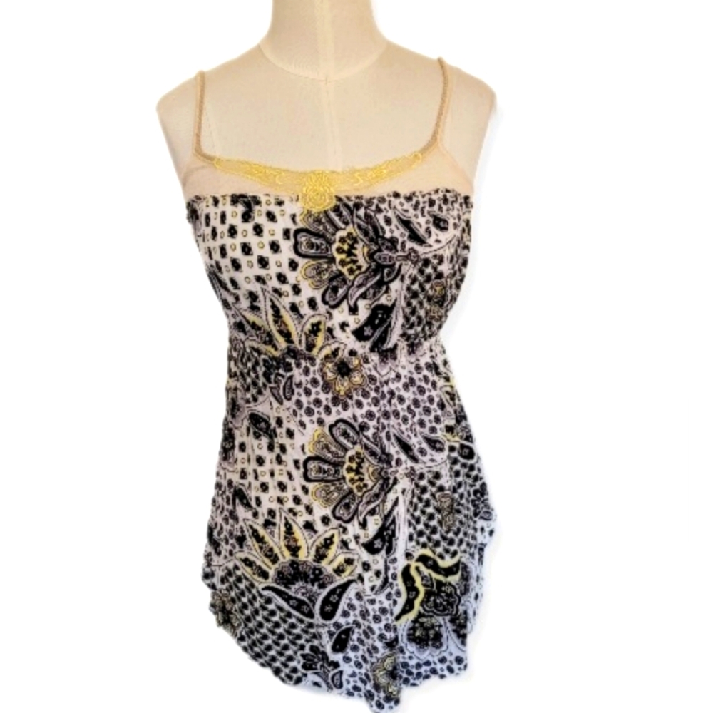Free People Blouse Black Multi Floral Sleeveless Babydoll Lace Detail S…